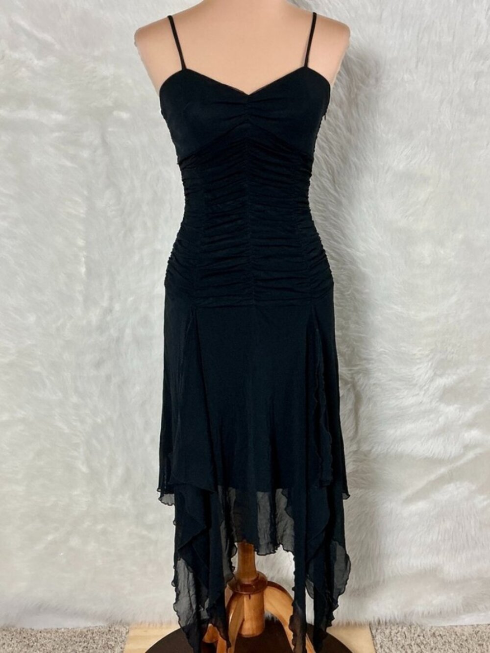 Vintage 90s Cache Black Ruched Flutter Tattered Hem Whimsy Goth Fairy Dress S